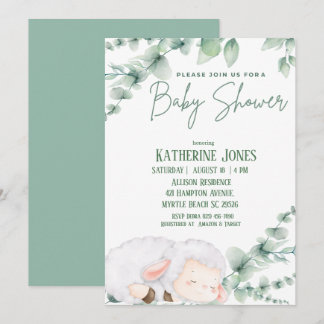 Invitación Baby Shower Cute Lamb Greenery