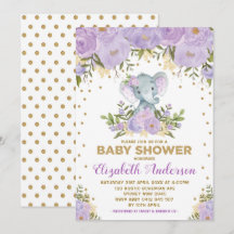 Baby Shower Cute Lavender Gold Floral Elephant