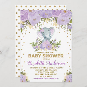 Invitación Baby Shower Cute Lavender Gold Floral Elephant