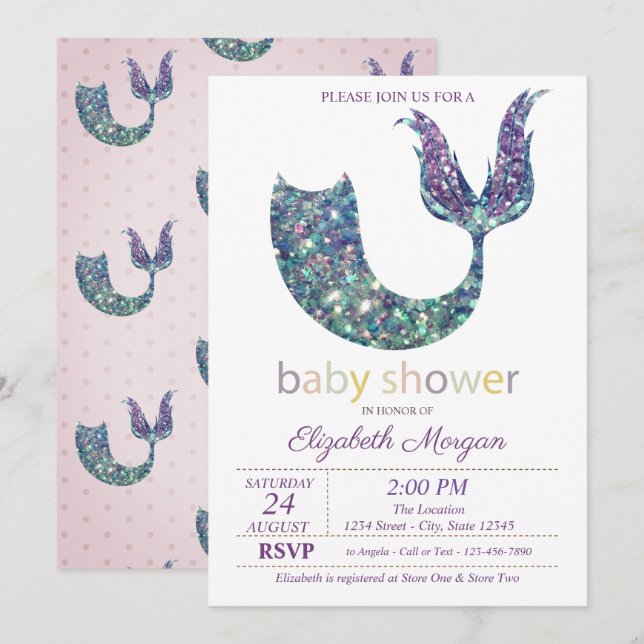 Invitación Baby Shower Cute Mermaid Tail (Anverso / Reverso)