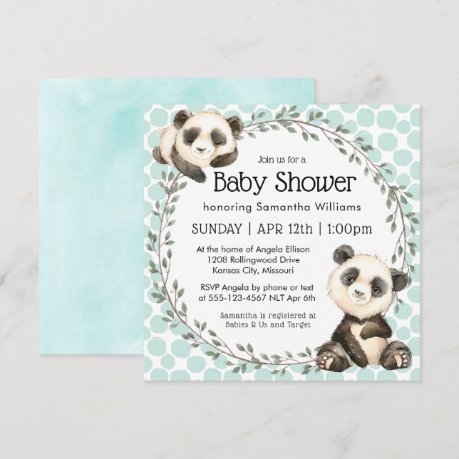 Invitación Baby Shower Cute Panda Bears Square (Anverso / Reverso)