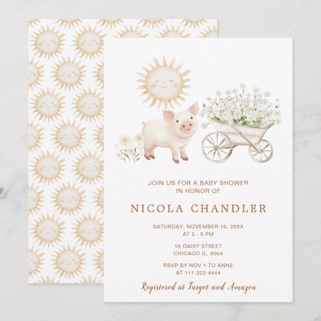 Invitación Baby Shower Cute Pig Wheelbarrow (Anverso / Reverso)