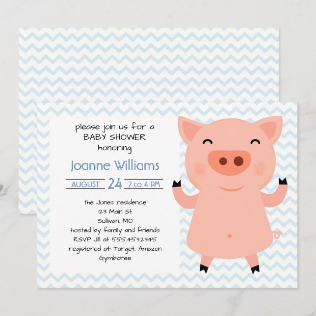 Invitación Baby Shower Cute Piggy Para Chica (Anverso / Reverso)