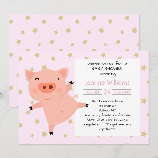 Invitación Baby Shower Cute Piggy Para Chica (Anverso / Reverso)