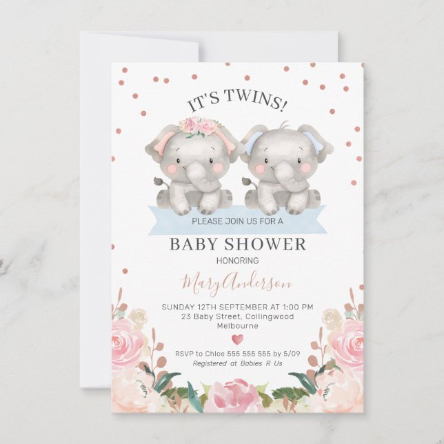 Invitación Baby Shower Cute Pink Blue Floral Twphants (Anverso)