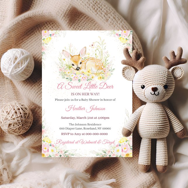 Invitación Baby Shower Cute Pink Floral Deer (Subido por el creador)