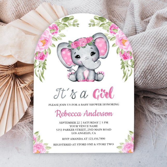 Invitación Baby Shower Cute Pink Floral Elephant Arch (Subido por el creador)