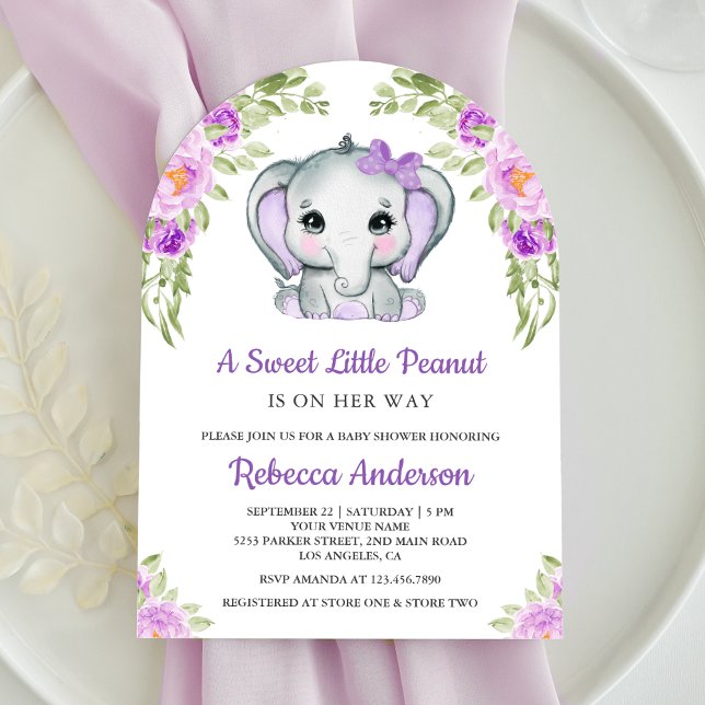 Invitación Baby Shower Cute Purple Bow Floral Elephant Arch (Subido por el creador)