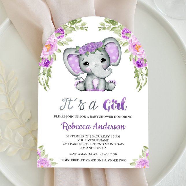 Invitación Baby Shower Cute Purple Floral Elephant Arch (Subido por el creador)