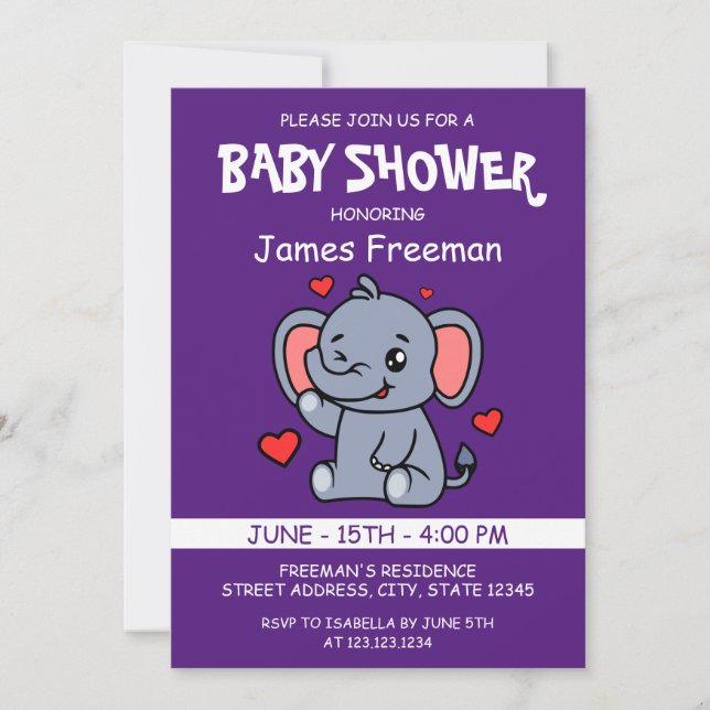 Invitación Baby Shower Cute Purple Vector Boy Elephant (Anverso)