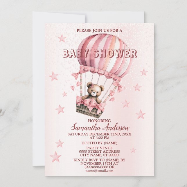 Invitación Baby Shower Cute Rosa Teddy Bear Balón de aire cal (Anverso)