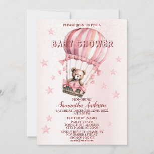 Invitación Baby Shower Cute Rosa Teddy Bear Balón de aire cal