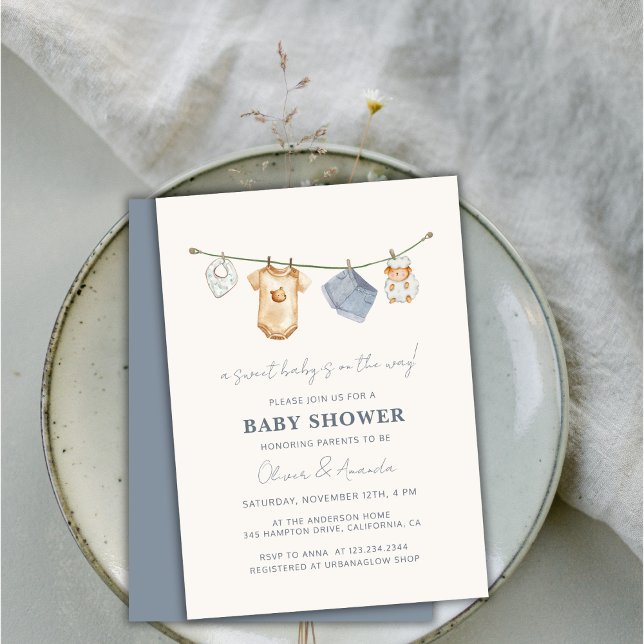 Invitación Baby Shower Cute Simple Boho Clothesline (Cute Simple Boho Clothesline Baby Shower Invitation)