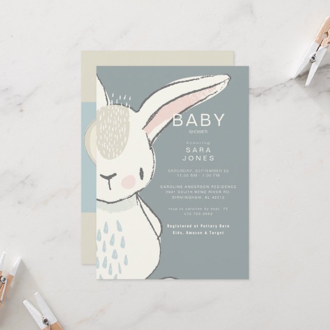 Invitación Baby Shower Cute Watercolor Rabbit (Anverso/Reverso In Situ)