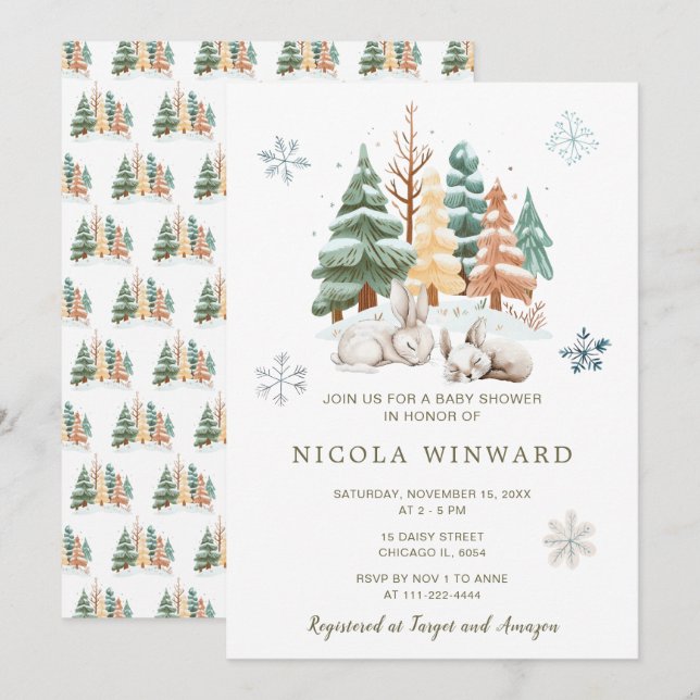 Invitación Baby Shower Cute Winter Rabbits (Anverso / Reverso)