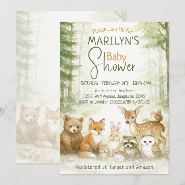 Invitación Baby Shower Cute Woodland Baby Animals (Anverso / Reverso)