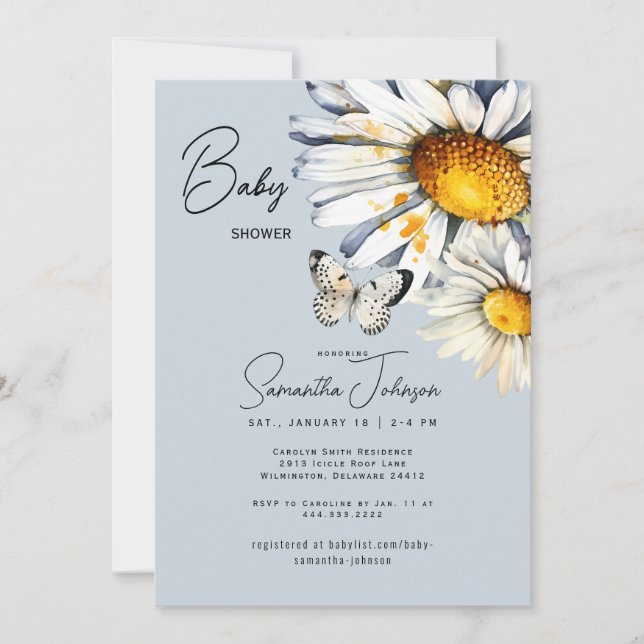 Invitación Baby Shower Daisies & Butterfly (Anverso)