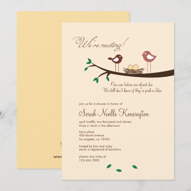 Invitación Baby Shower de 2 mellizos de huevo amar (Anverso / Reverso)