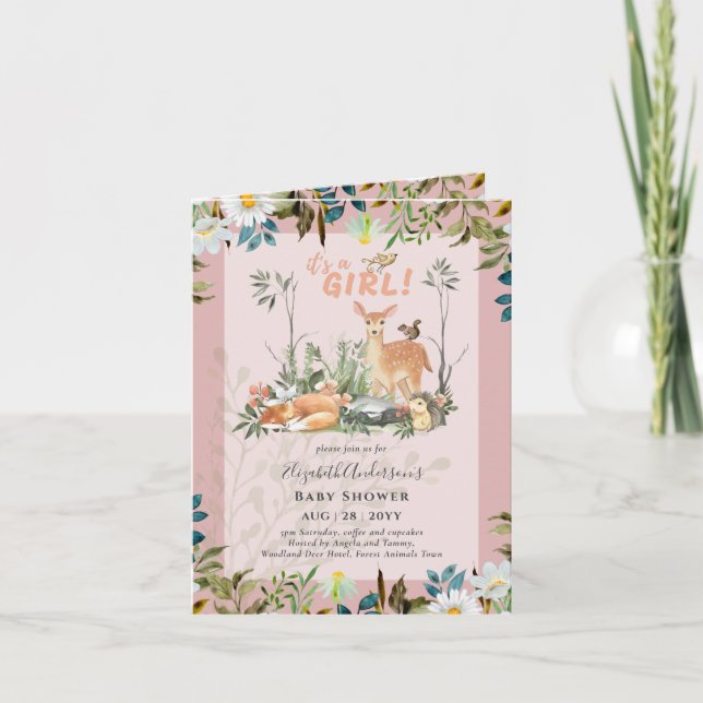 Invitación Baby Shower de 4 páginas Adorables CHICAS Woodland (Anverso)