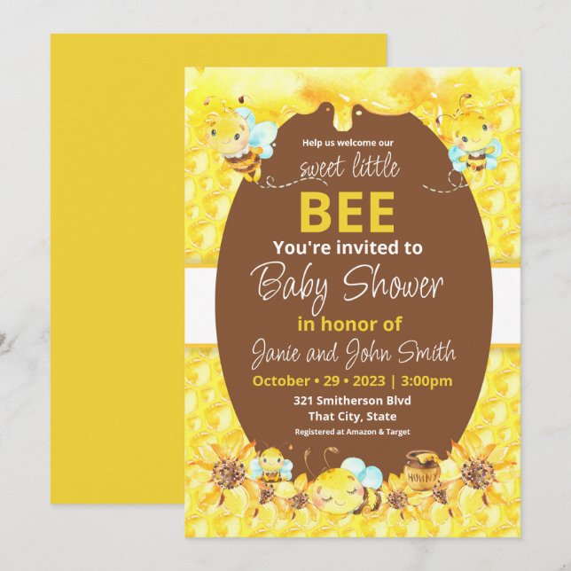 Invitación Baby Shower de abeja dulce (Anverso / Reverso)