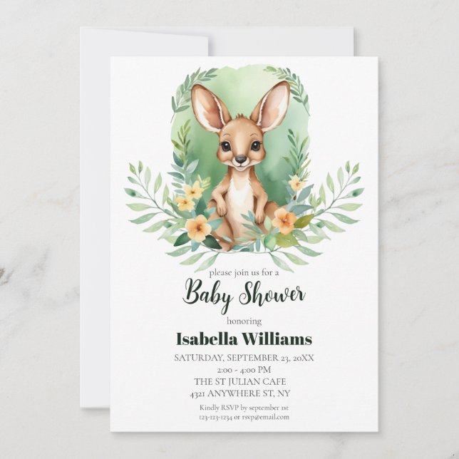 Invitación Baby Shower de acuarela canguro simple (Anverso)