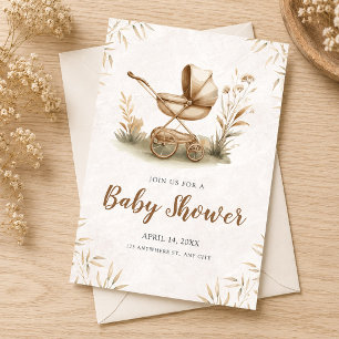 Invitación Baby Shower de Acuarela con Cochecito Vintage