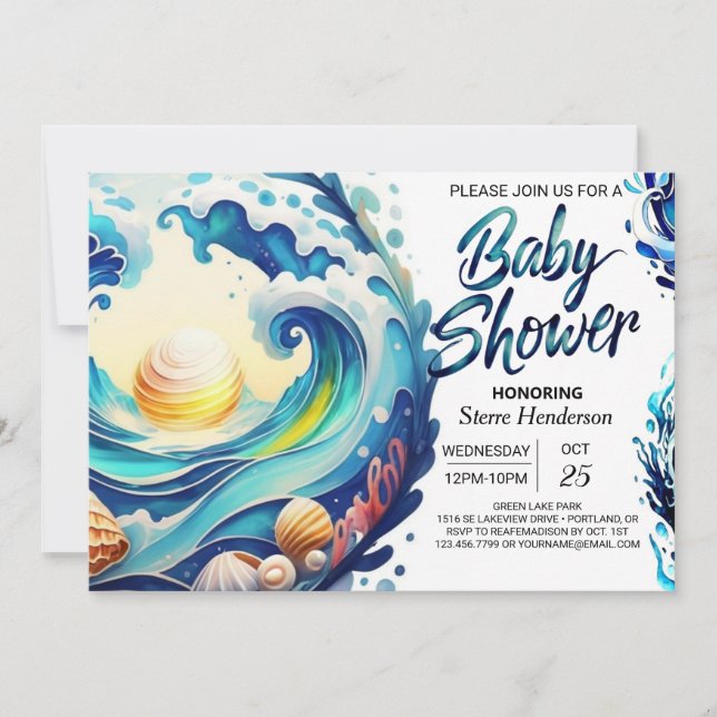 Invitación Baby Shower de acuarela costera (Anverso)
