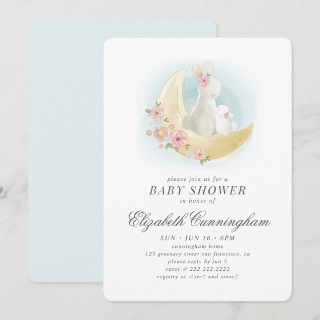 Invitación Baby Shower de acuarela Cute Mama Rabbit (Anverso / Reverso)