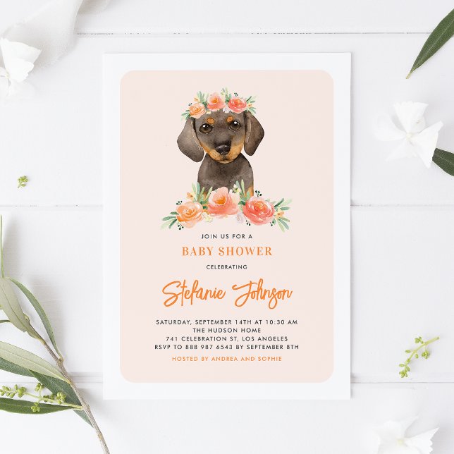 Invitación Baby Shower de acuarela Dachshund Peach Florals (Subido por el creador)