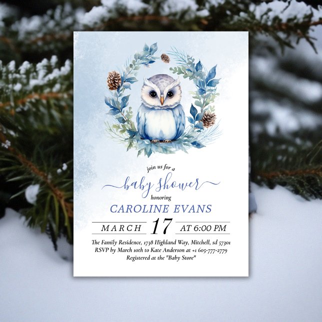 Invitación Baby Shower de acuarela de búho de invierno (Winter Owl Watercolor Baby Shower Invitation)