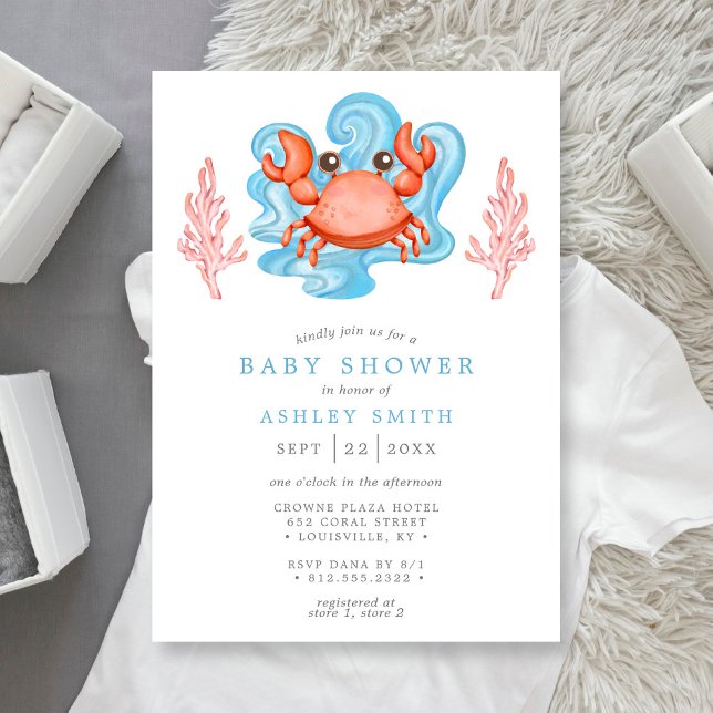 Invitación Baby Shower de acuarela de cangrejo náutico (Subido por el creador)