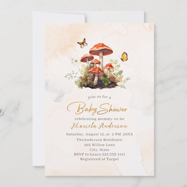 Invitación Baby Shower de acuarela de hongos caprichosos (Anverso)