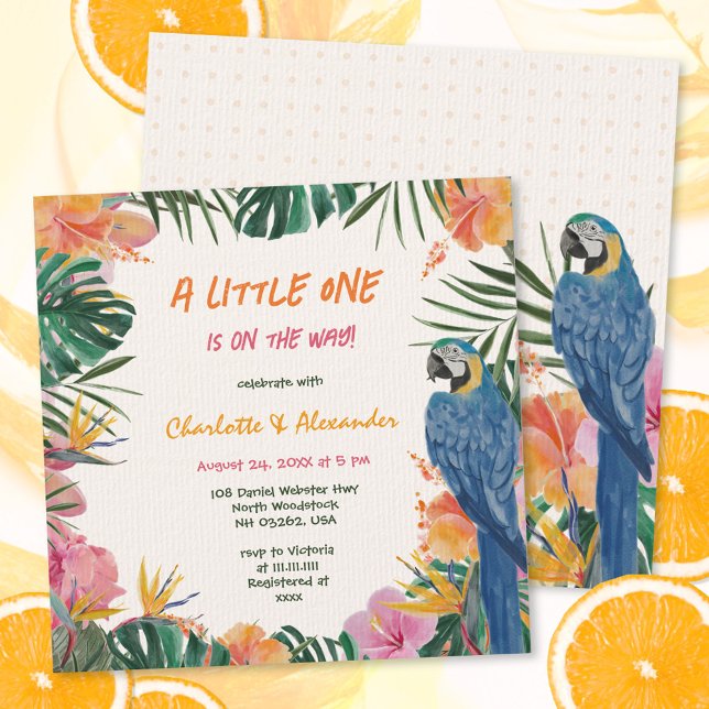 Invitación Baby Shower de acuarela de loro floral tropical (Tropical Floral Parrot Watercolor Baby Shower Invitation ©Susanne Sachers - Sunny Mind 🌞)