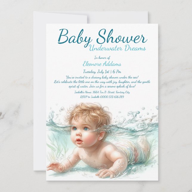 Invitación Baby Shower de acuarela de los sueños subacuáticos (Anverso)