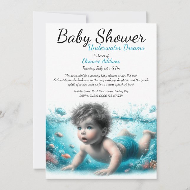 Invitación Baby Shower de acuarela de los sueños subacuáticos (Anverso)