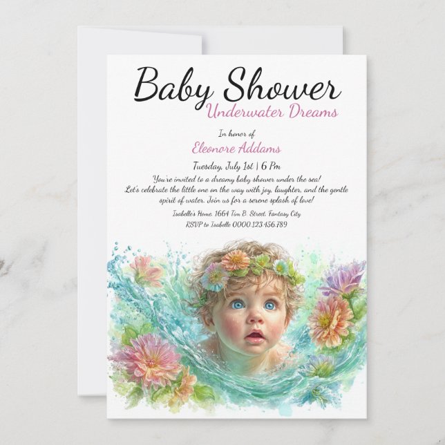 Invitación Baby Shower de acuarela de los sueños subacuáticos (Anverso)
