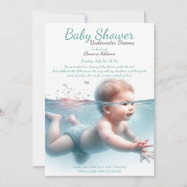 Invitación Baby Shower de acuarela de los sueños subacuáticos (Anverso)