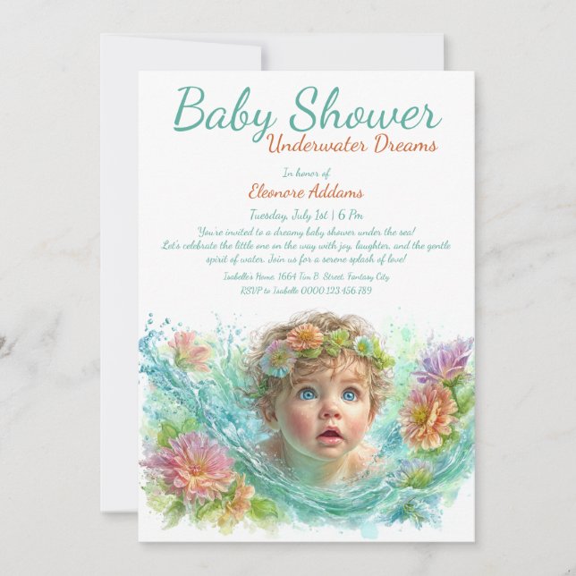 Invitación Baby Shower de acuarela de los sueños subacuáticos (Anverso)