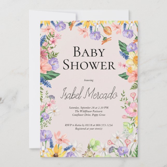 Invitación Baby Shower de acuarela de primavera de flores sil (Anverso)