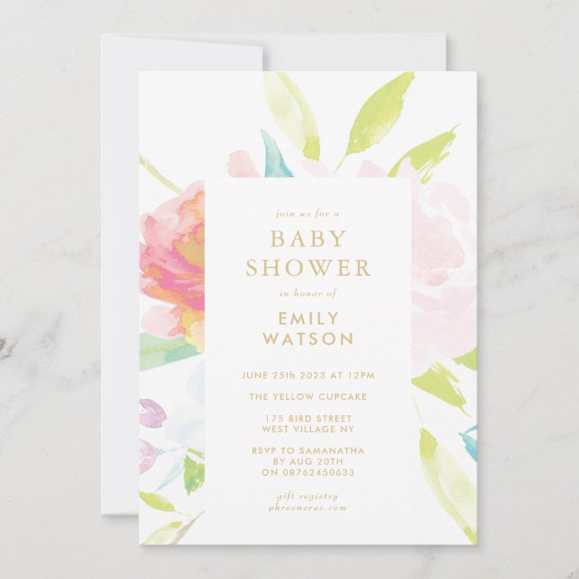 Invitación Baby Shower de acuarela de primavera neutral de gé (Anverso)