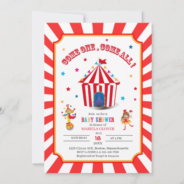 Invitación Baby Shower de acuarela del Carnaval Circus (Anverso)