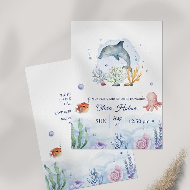 Invitación Baby Shower de acuarela Dolphin Sealife (Watercolor Dolphin Sealife Baby Shower Invitation on table)