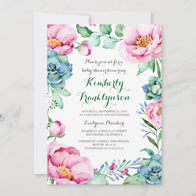 Invitación Baby Shower de acuarela floral rosa botánica (Anverso)