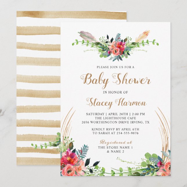 Invitación Baby Shower de acuarela floral rústica bohemia (Anverso / Reverso)