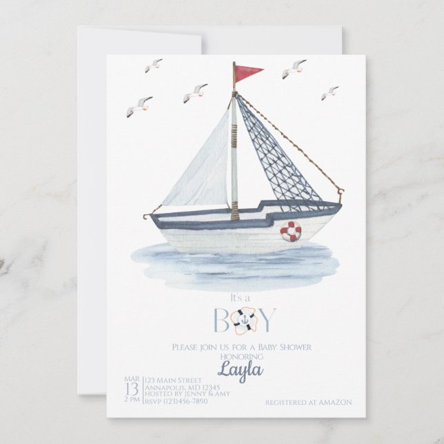 Invitación Baby Shower de acuarela náutica náutica (Anverso)