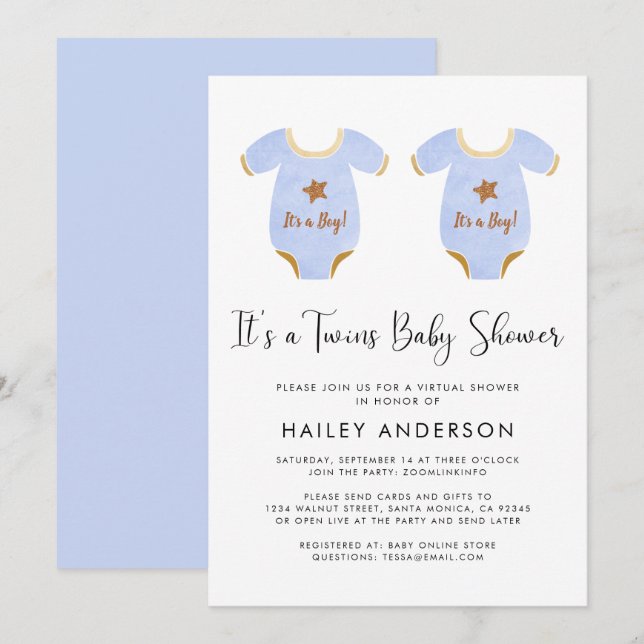 Invitación Baby Shower de acuarela para niños gemelos virtual (Anverso / Reverso)