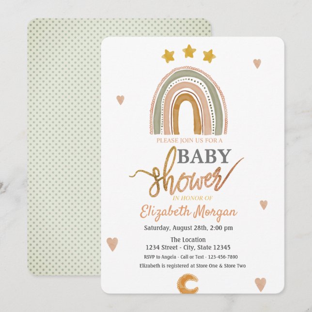 Invitación Baby Shower de acuarela Rainbow Stars Hearts (Anverso / Reverso)