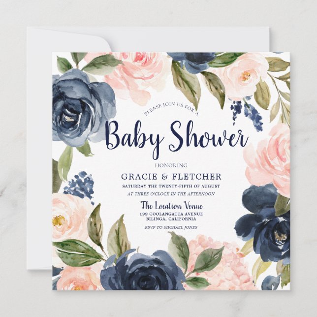 Invitación Baby Shower de acuarela Rubor de Marina (Anverso)