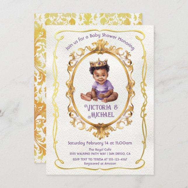 Invitación Baby Shower de African American Gold Prince (Anverso / Reverso)