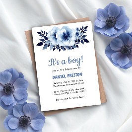 Invitación Baby Shower de agua de flores azules y suaves